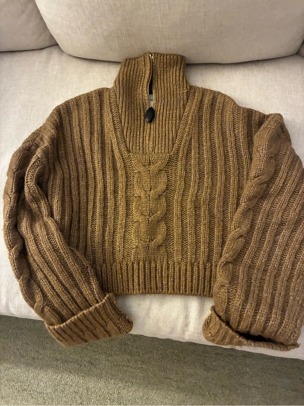 Nanushka Wool Cropped Cable-Knit Half-Zip Sweater in Camel Brown